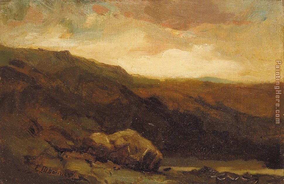 mountainous landscape with rock and stream in foreground painting - Edward Mitchell Bannister mountainous landscape with rock and stream in foreground art painting